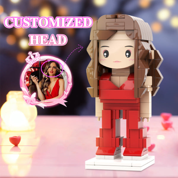 Red Independent Girl Style Valentine's Gift For Herself Custom Head Cute Brick Figures Personalized Brick Figures Small Particle Block - minebrickuk