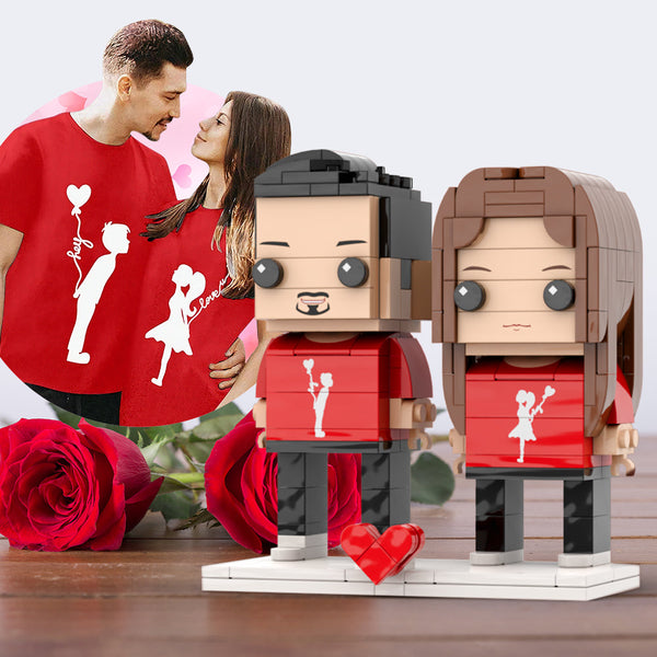 Custom Head Beautiful Red Matching Shirt For Valentine Couple Brick Figures Personalized Couples Brick Figures Small Particle Block Gift For Couples - minebrickuk